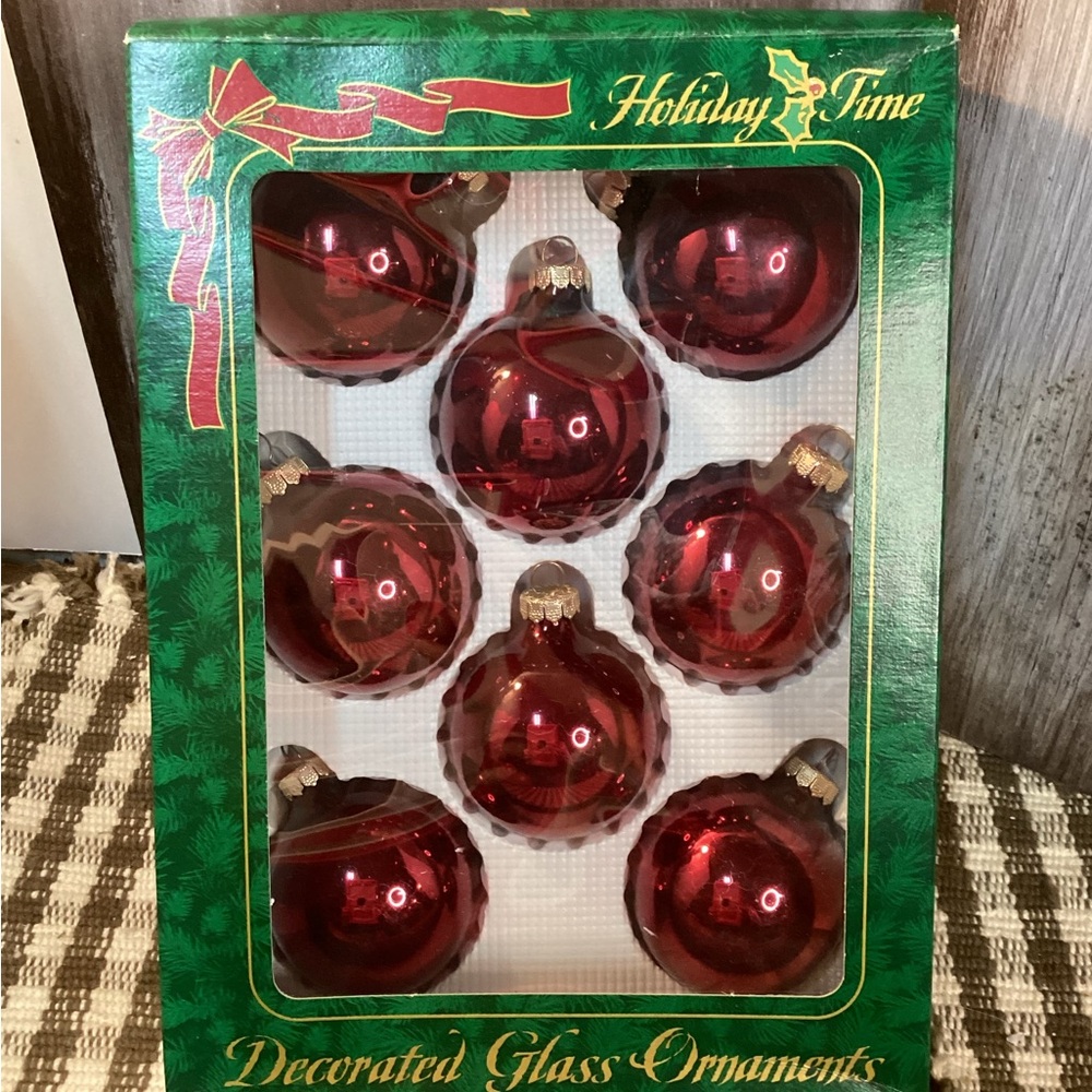 Rauch Glass Red Holiday Time Christmas Ornaments in Box Made in USA Set of 8